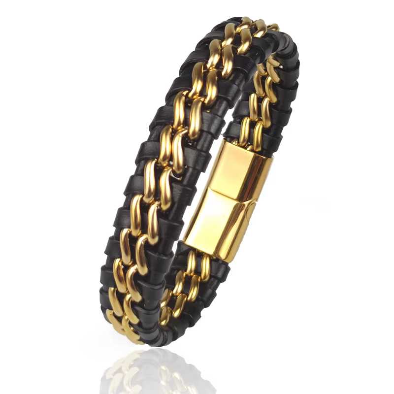 Bracelet chaîne en cuir véritable pour hommes, fermoir magnétique en acier inoxydable plaqué or, bij