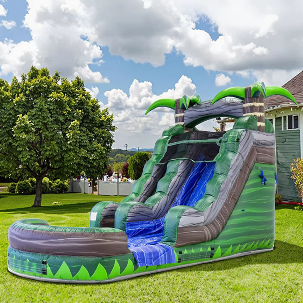 Grand toboggan aquatique gonflable vert avec piscine, toboggan aquatique commercial pour adultes et