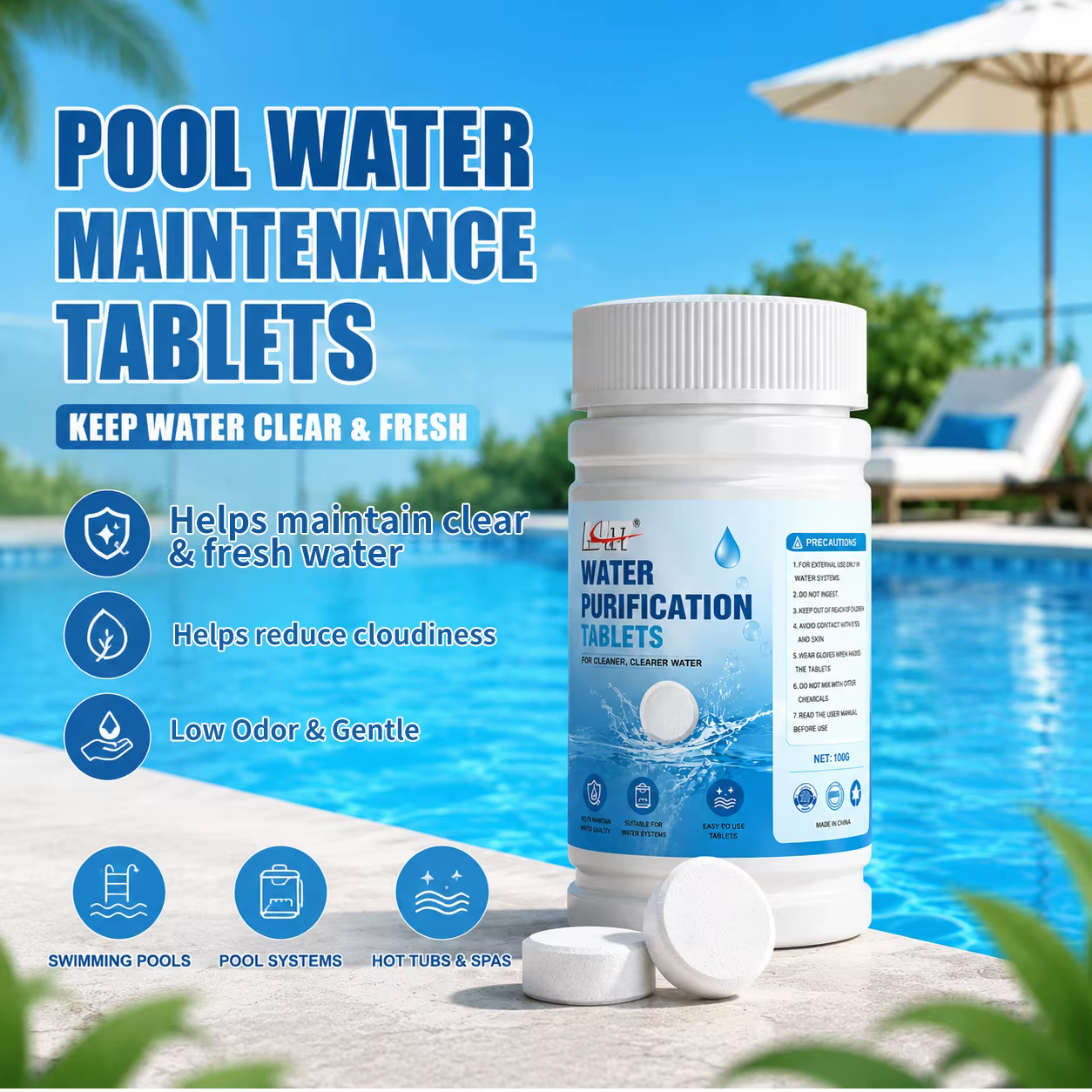 Comprimés de traitement de l'eau de piscine KJM-100pcs, pour piscines et spas clairs et frais, bains