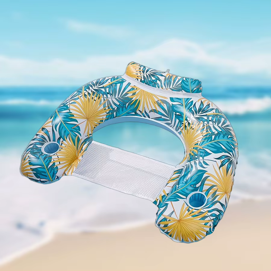 Fauteuil flottant gonflable en forme de U pour adultes, pliable, imprimé feuilles, avec porte-gobele