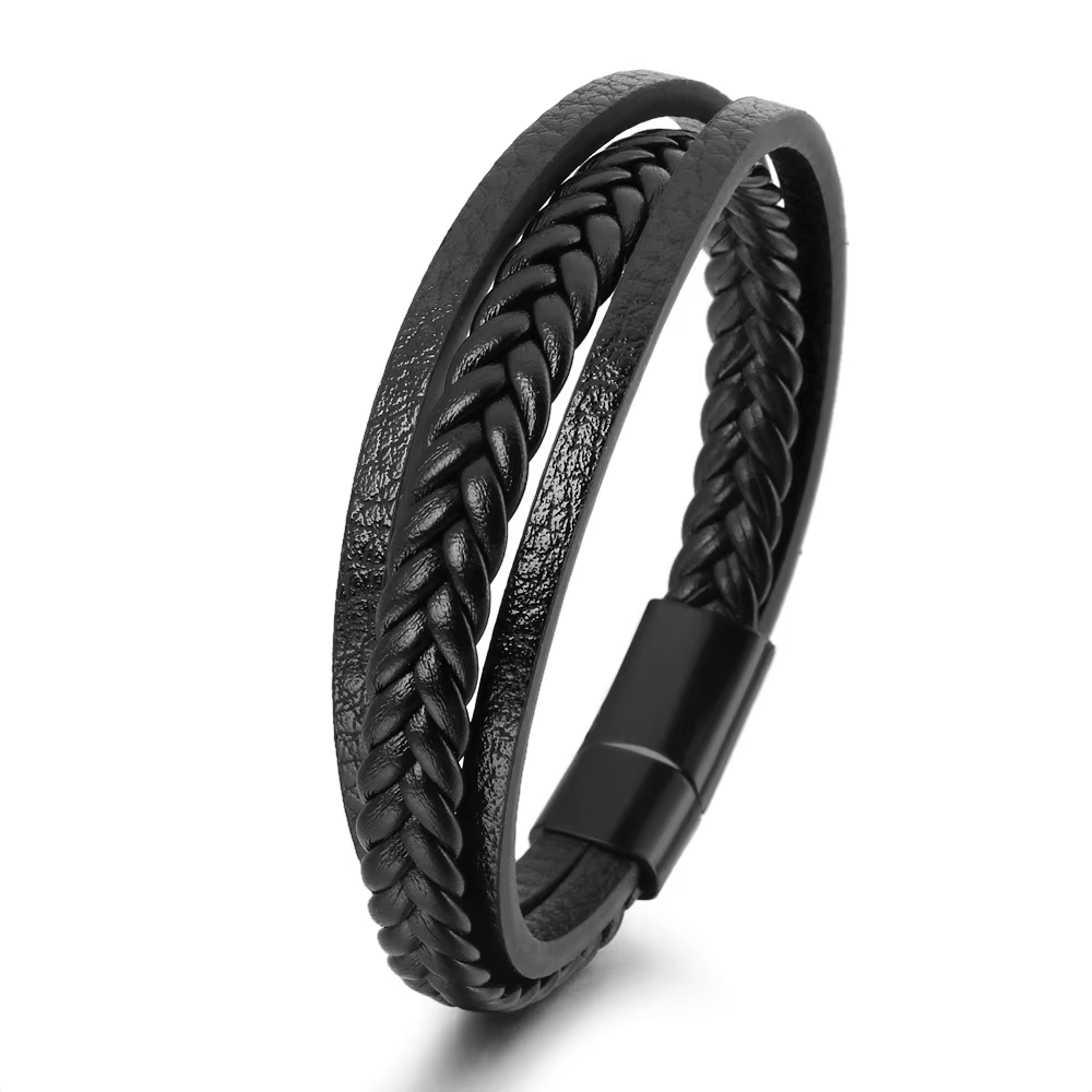 Bracelets en cuir tendance pour hommes, en acier inoxydable, corde tressée multicouche de 21CM, bijo