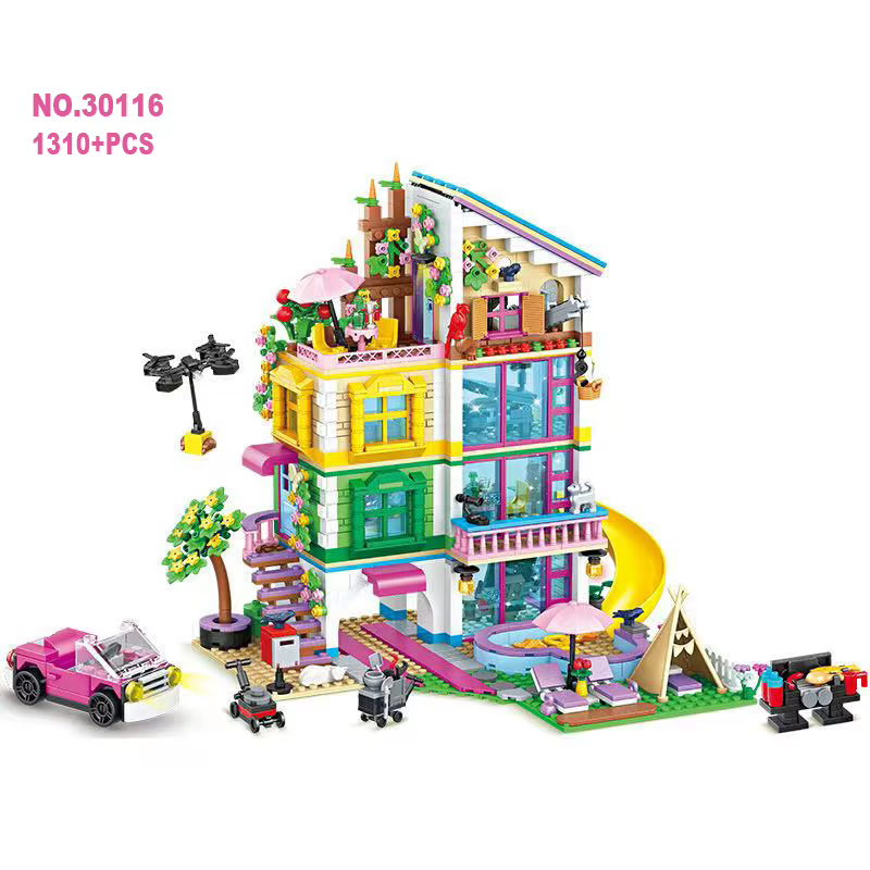 Ensemble de blocs de construction en forme de cœur pour villa avec piscine, 1310 pièces, modèle de m