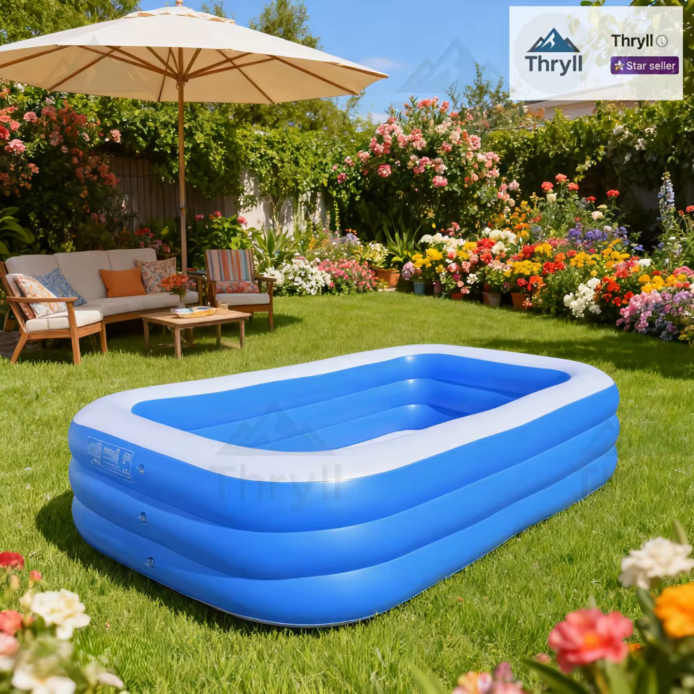 Piscine gonflable rectangulaire pour usage domestique, fabriquée en PVC durable, idéale pour les ras