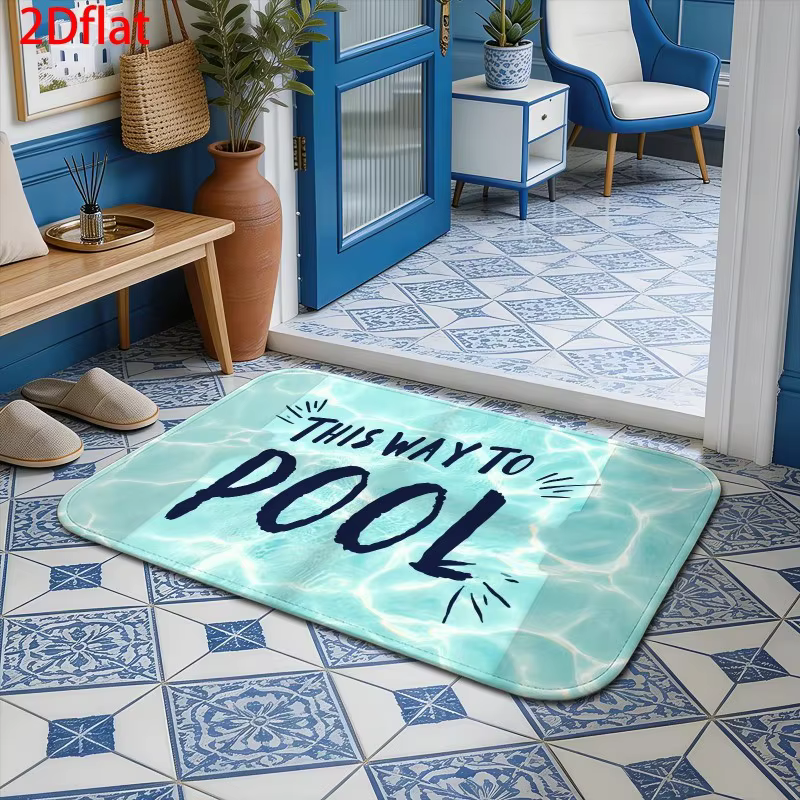 Tapis d'entrée antidérapant avec motif aquatique et lettrage « This Way To Pool » pour intérieur et