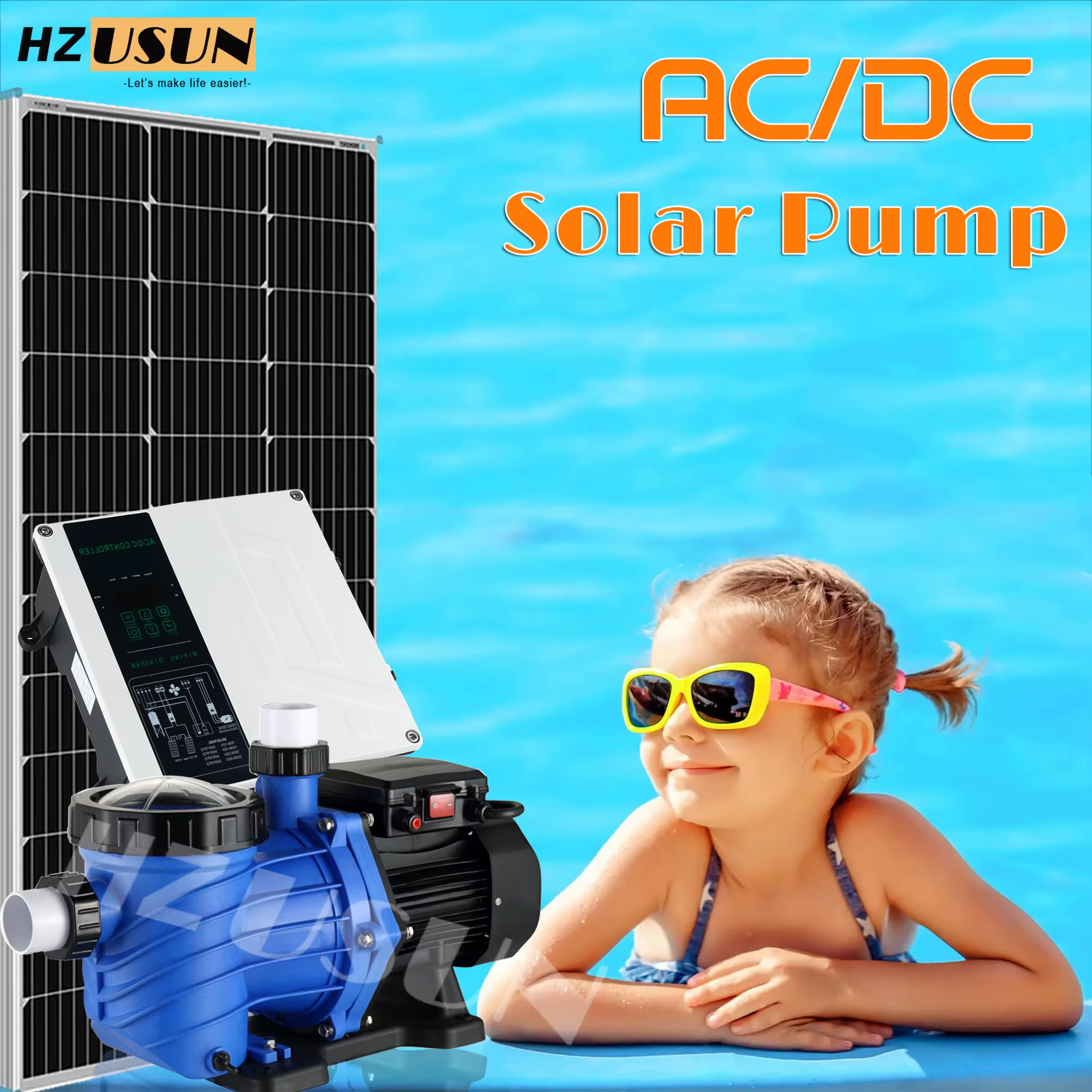 Pompe à eau solaire HZUSUN pour piscine, pompe de circulation hybride pour piscine enterrée, économe