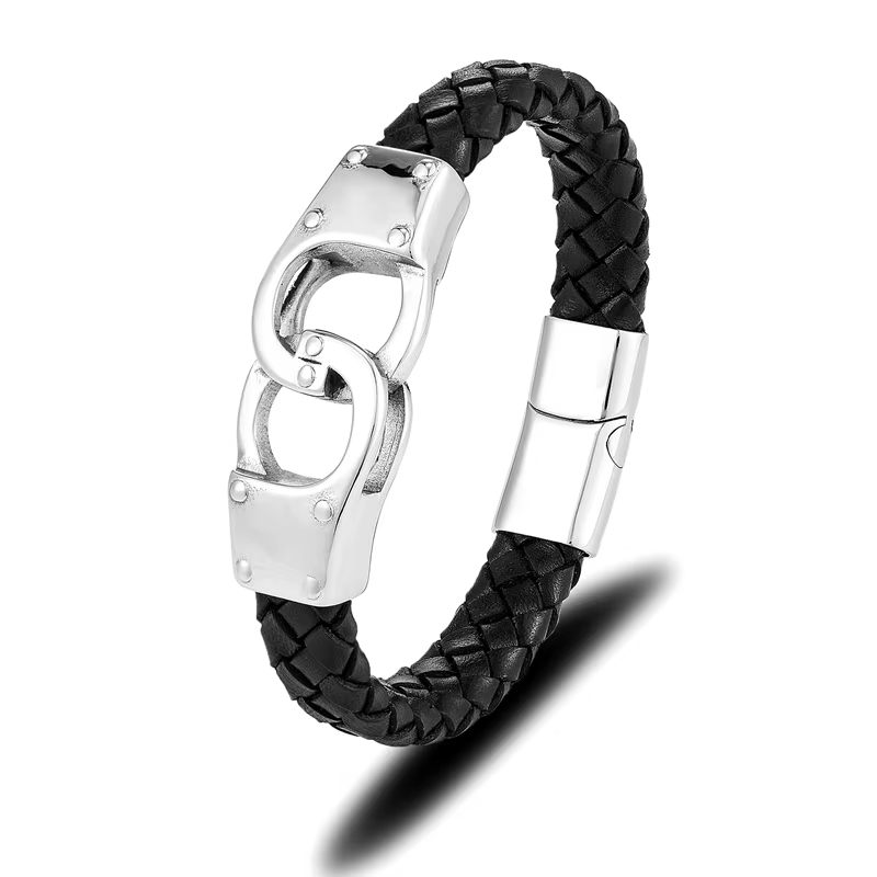 Bracelet menottes pour hommes, en acier inoxydable de haute qualité, en cuir véritable, pour Couple,