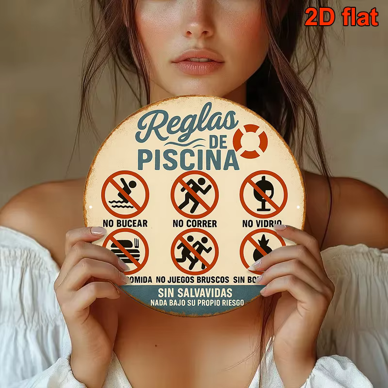Panneau d'avertissement vintage « Règles de la piscine », panneau rond en bois espagnol, interdisant