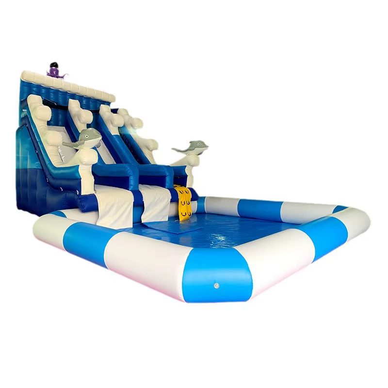 Toboggan aquatique gonflable géant commercial blanc avec piscine, dimensions 6x4.5x4.5m et 6x5x0.6m,