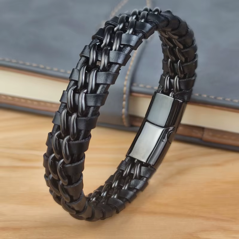 Bracelet chaîne en cuir véritable pour hommes, fermoir magnétique en acier inoxydable plaqué or, bijoux exclusifs, cadeau, vente en gros