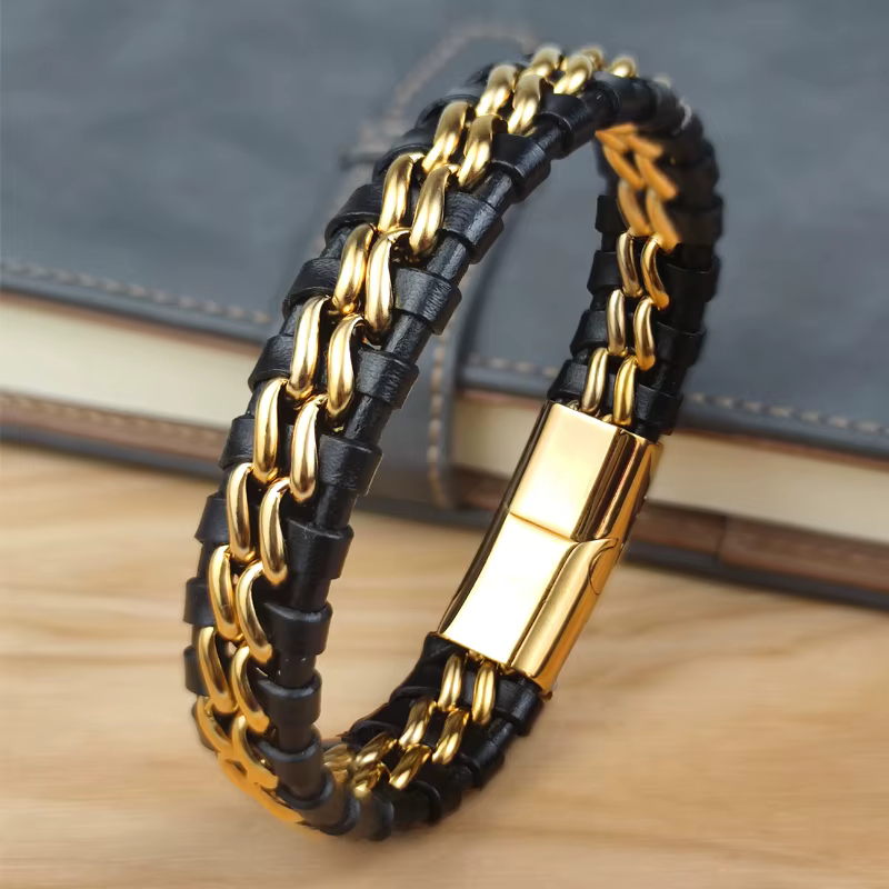 Bracelet chaîne en cuir véritable pour hommes, fermoir magnétique en acier inoxydable plaqué or, bijoux exclusifs, cadeau, vente en gros