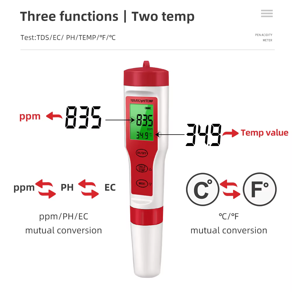 Testeur de qualité de l'eau multifonction PH/TDS/EC/testeur de salinité LCD numérique compteur de température de pureté