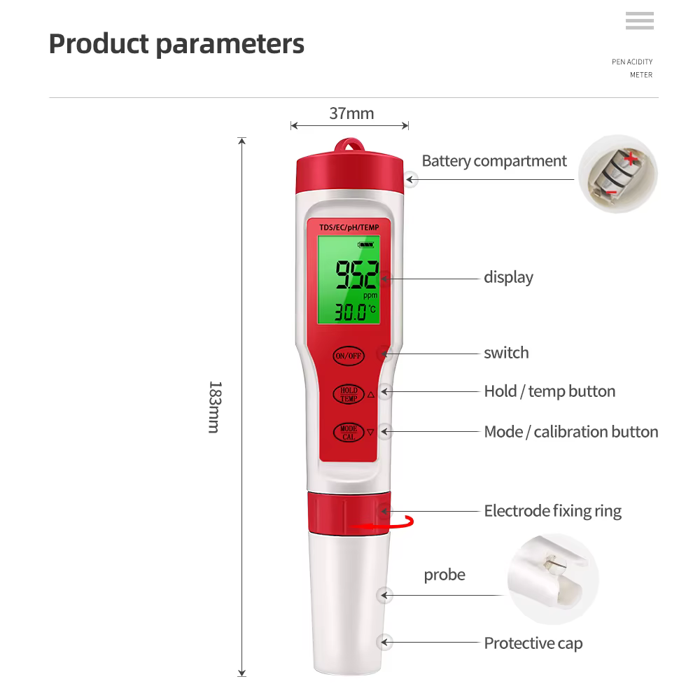 Testeur de qualité de l'eau multifonction PH/TDS/EC/testeur de salinité LCD numérique compteur de température de pureté
