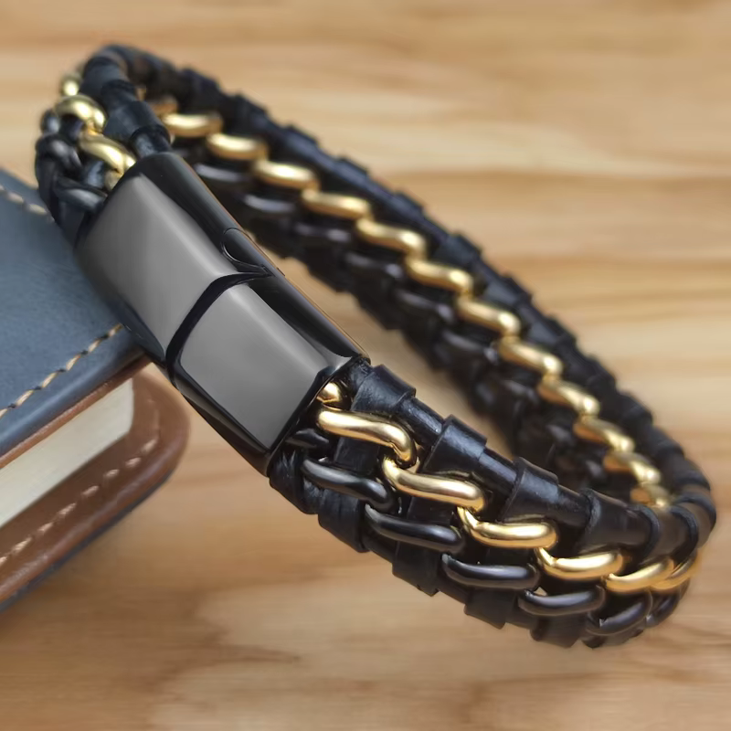 Bracelet chaîne en cuir véritable pour hommes, fermoir magnétique en acier inoxydable plaqué or, bijoux exclusifs, cadeau, vente en gros