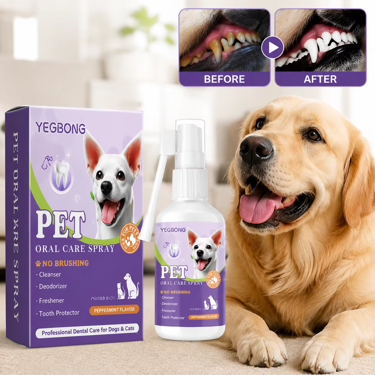 Spray rafraîchissant pour l'haleine des chiens et des chats - Élimination efficace du tartre et de la plaque dentaire, stoppe la mauvaise haleine, traitement doux d'hygiène buccale pour animaux de com