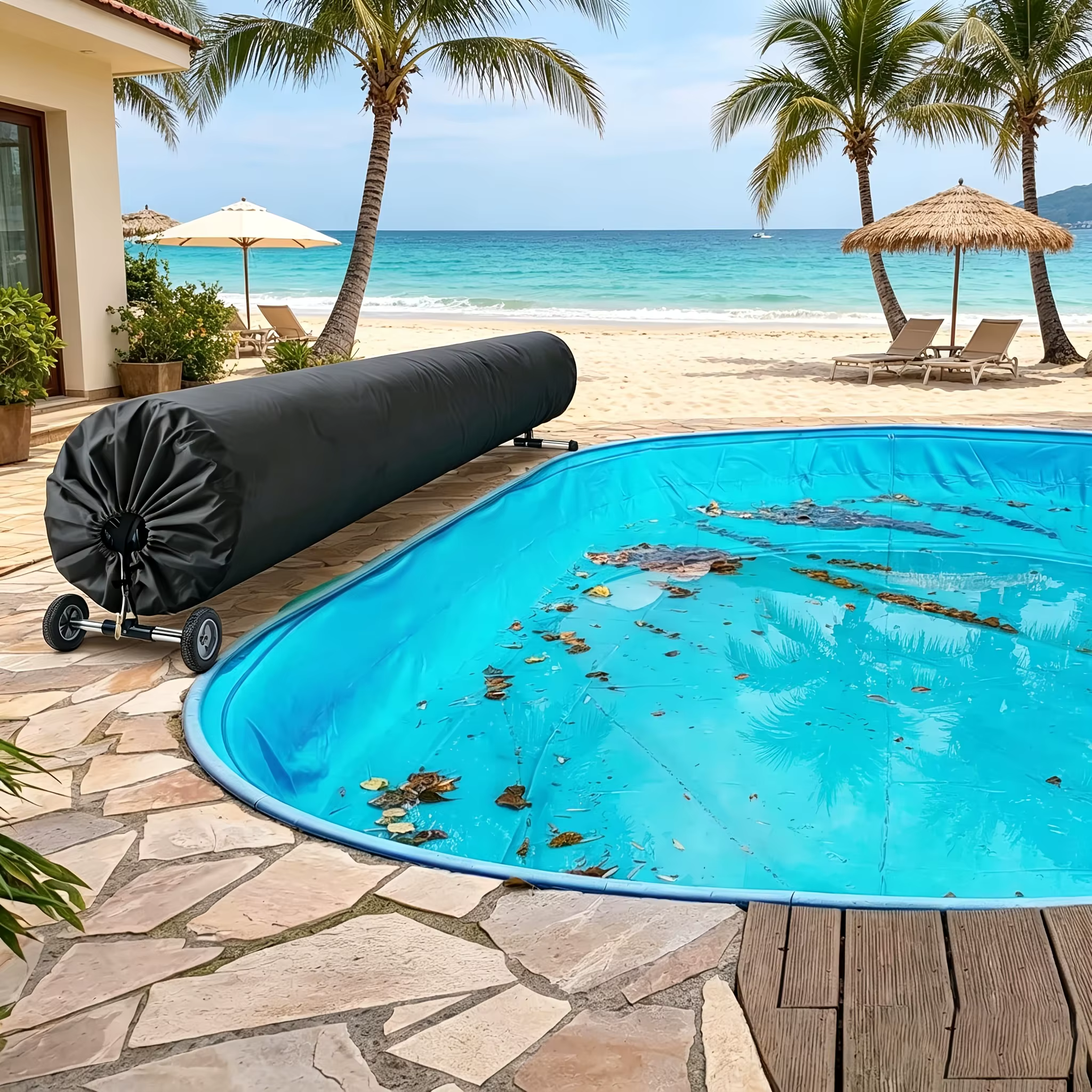 Housse de protection pour enrouleur solaire de piscine avec cordon de serrage et sangles pour piscines hors sol et