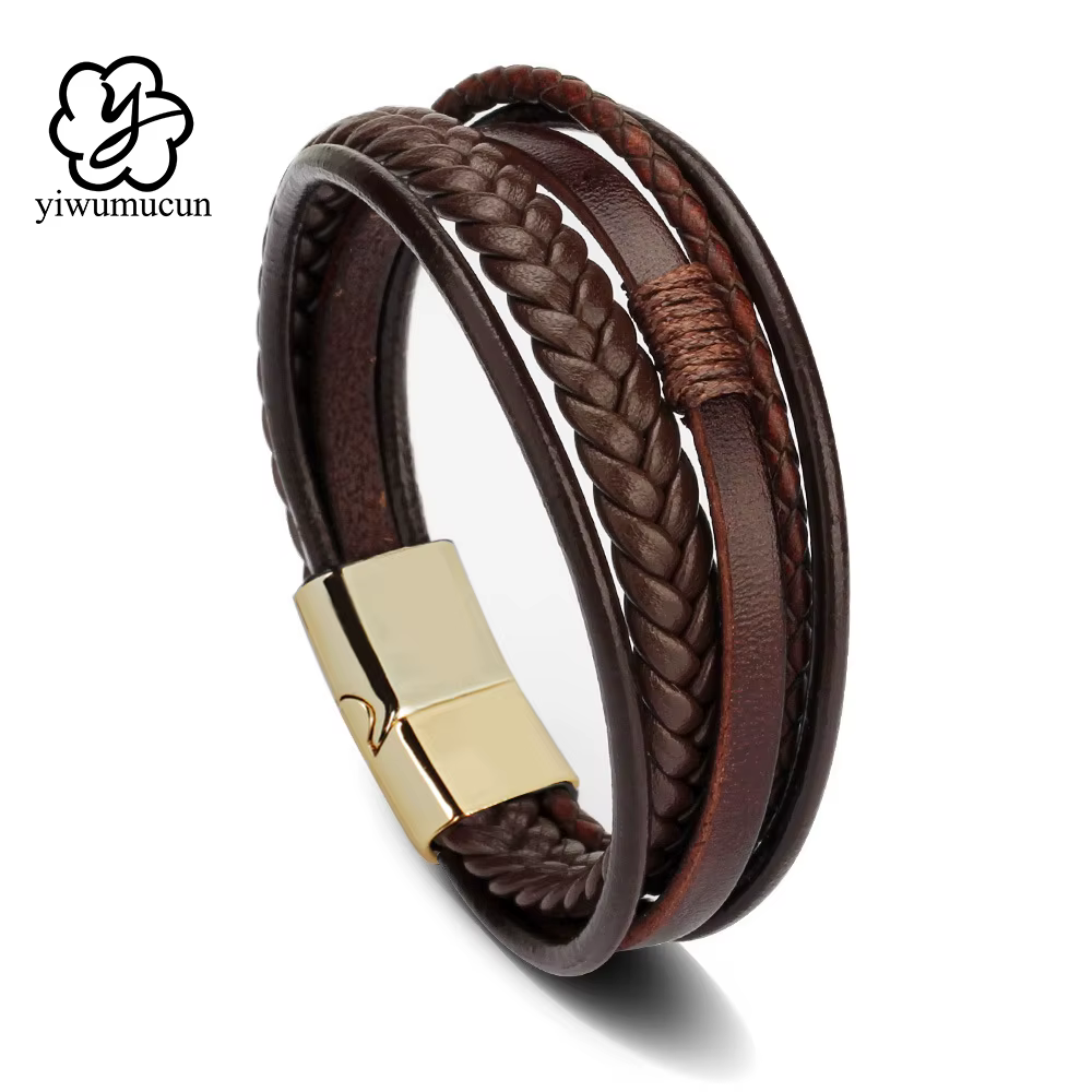 Bracelets en cuir tendance pour hommes, en acier inoxydable, corde tressée multicouche de 21CM, bijoux cadeaux
