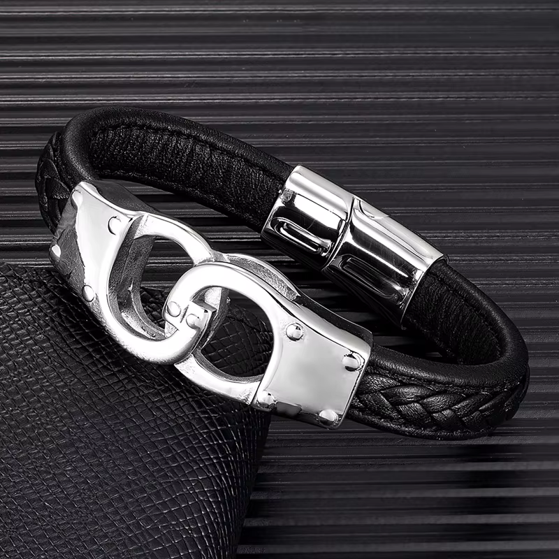 Bracelet menottes pour hommes, en acier inoxydable de haute qualité, en cuir véritable, pour Couple, Unique, Bijoux, cadeau pour lui