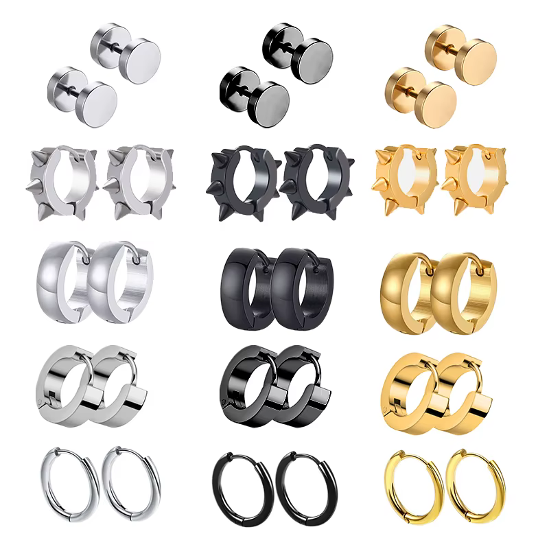 Boucles d'oreilles unisexes en acier inoxydable, 1 paire, plusieurs Types, couleur noir or, pour femmes et hommes, Punk gothique, Piercing, fausses boucles d'oreilles, bijoux