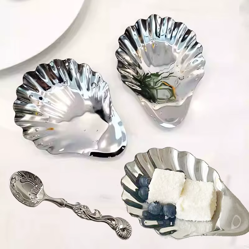 Assiette en acier inoxydable en forme de coquille, plat en métal, plateau à Dessert au fromage, thé, collation, plat de fruits, rangement de bijoux, boîte à savon, décoration de Table
