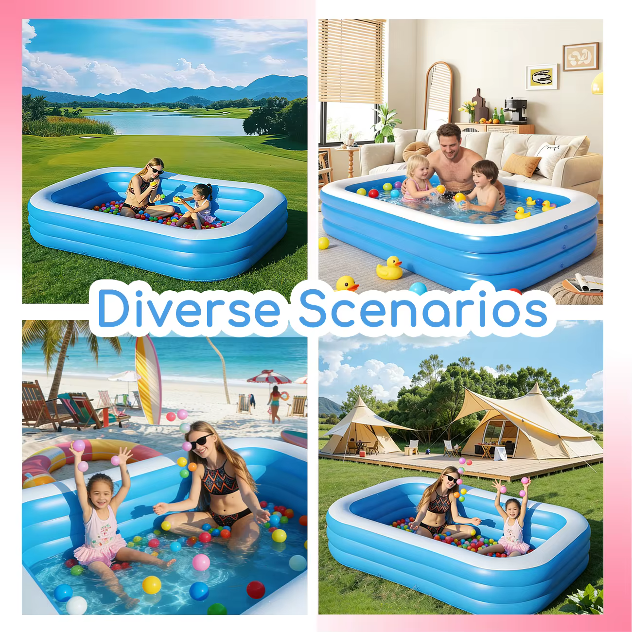 Piscine familiale gonflable rectangulaire bleue 1 pièce