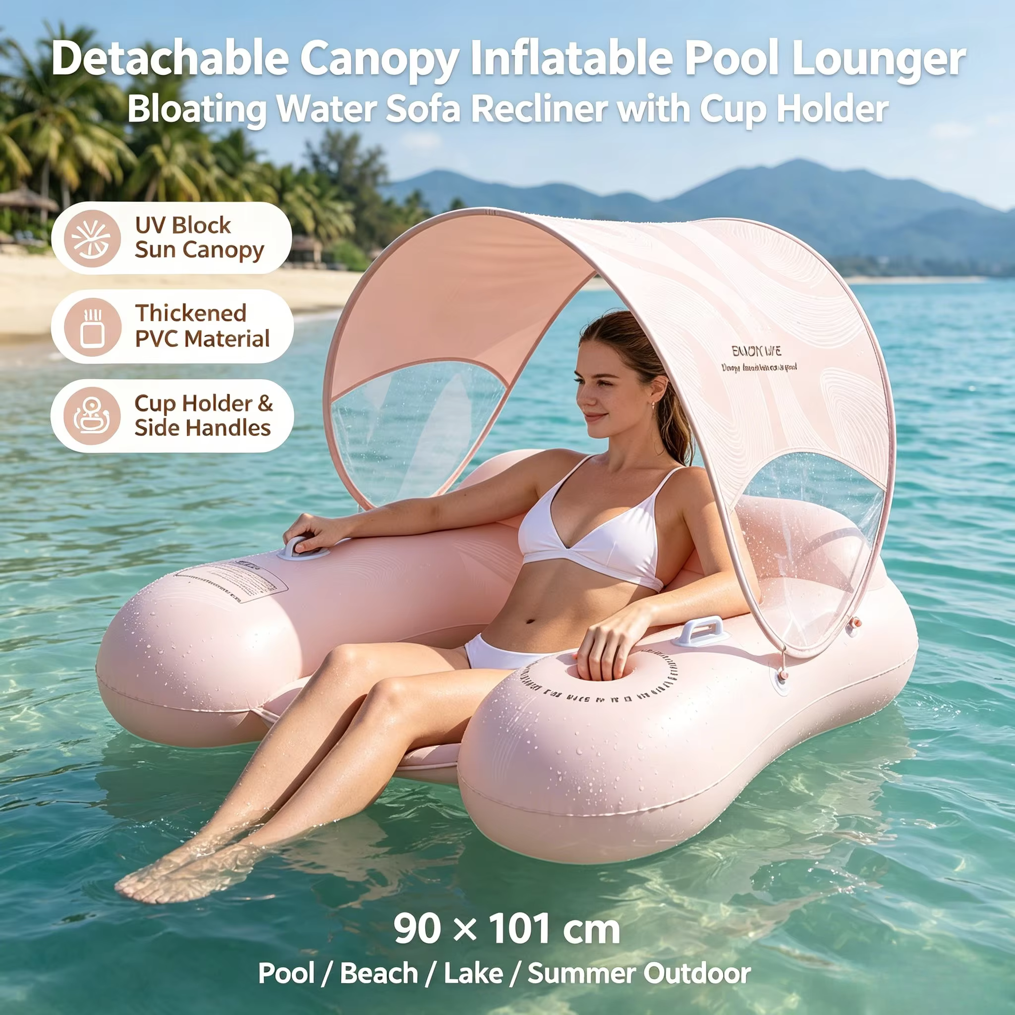 Chaise longue gonflable flottante pour piscine avec pare-soleil amovible