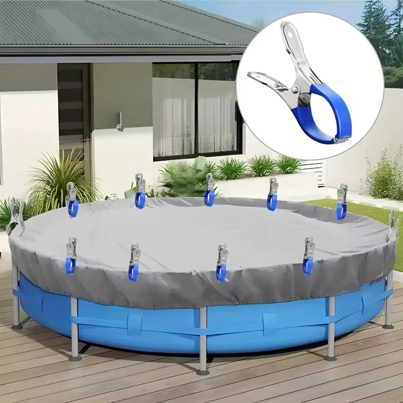 6 clips de couverture de piscine durables en acier inoxydable avec poignées en plastique bleues
