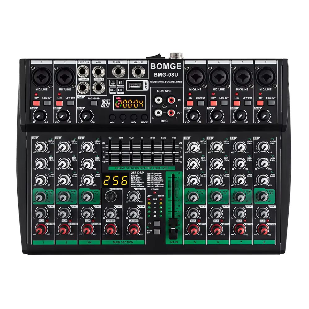 BOMGE Nouveau modèle de mixage compact, 256 DSP, avec EQ Master EQ 7 bandes, conception de châssis entièrement métallique, peut fonctionner avec 4, 6, 8 canaux.