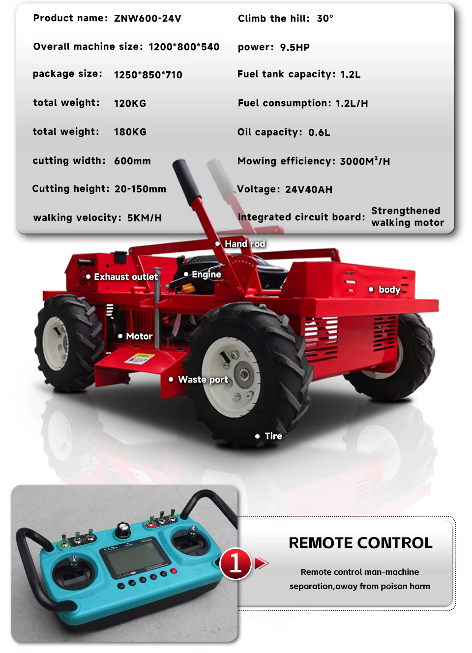 Robot tondeuse à gazon efficace sans fil, anti-accroc, CE/EU5/EPA 1500 ㎡ /h 600MM 5KM/H 45 ° Personnalisation possible, réglage de la hauteur