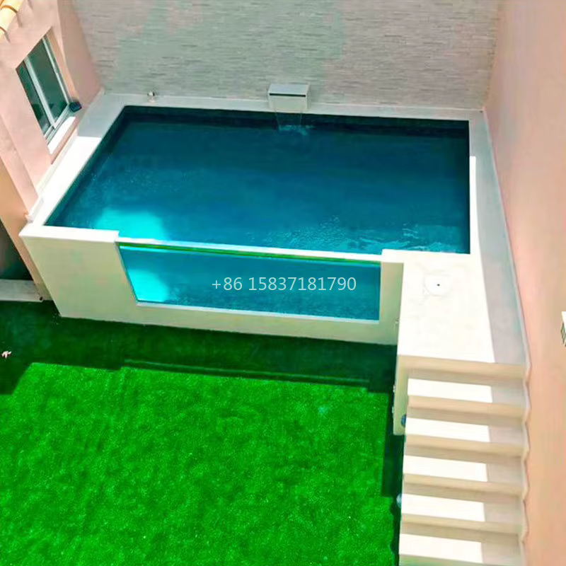Piscine familiale hors-sol en fibre de verre transparente avec fenêtre en verre, aire de jeux aquatique en bois, pour extérieur, prix