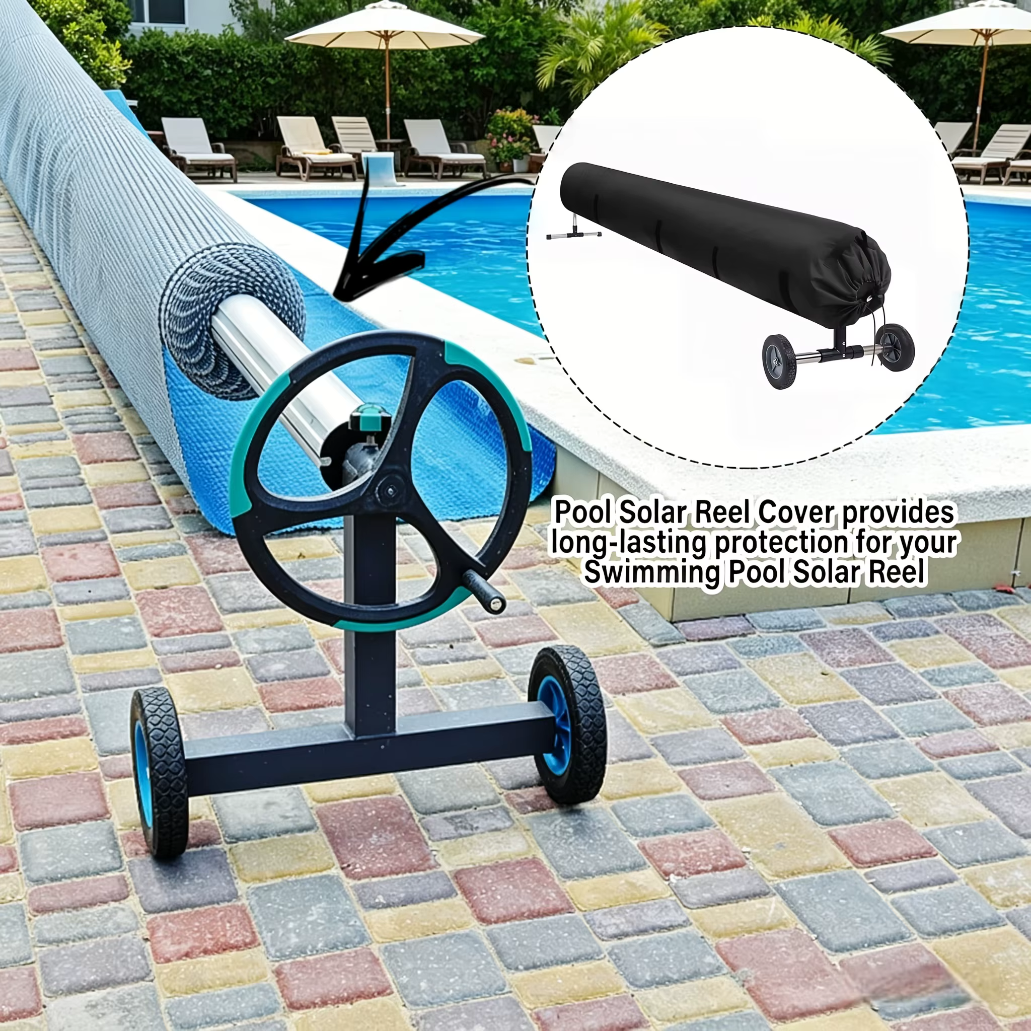 Housse de protection pour enrouleur solaire de piscine avec cordon de serrage et sangles pour piscines hors sol et