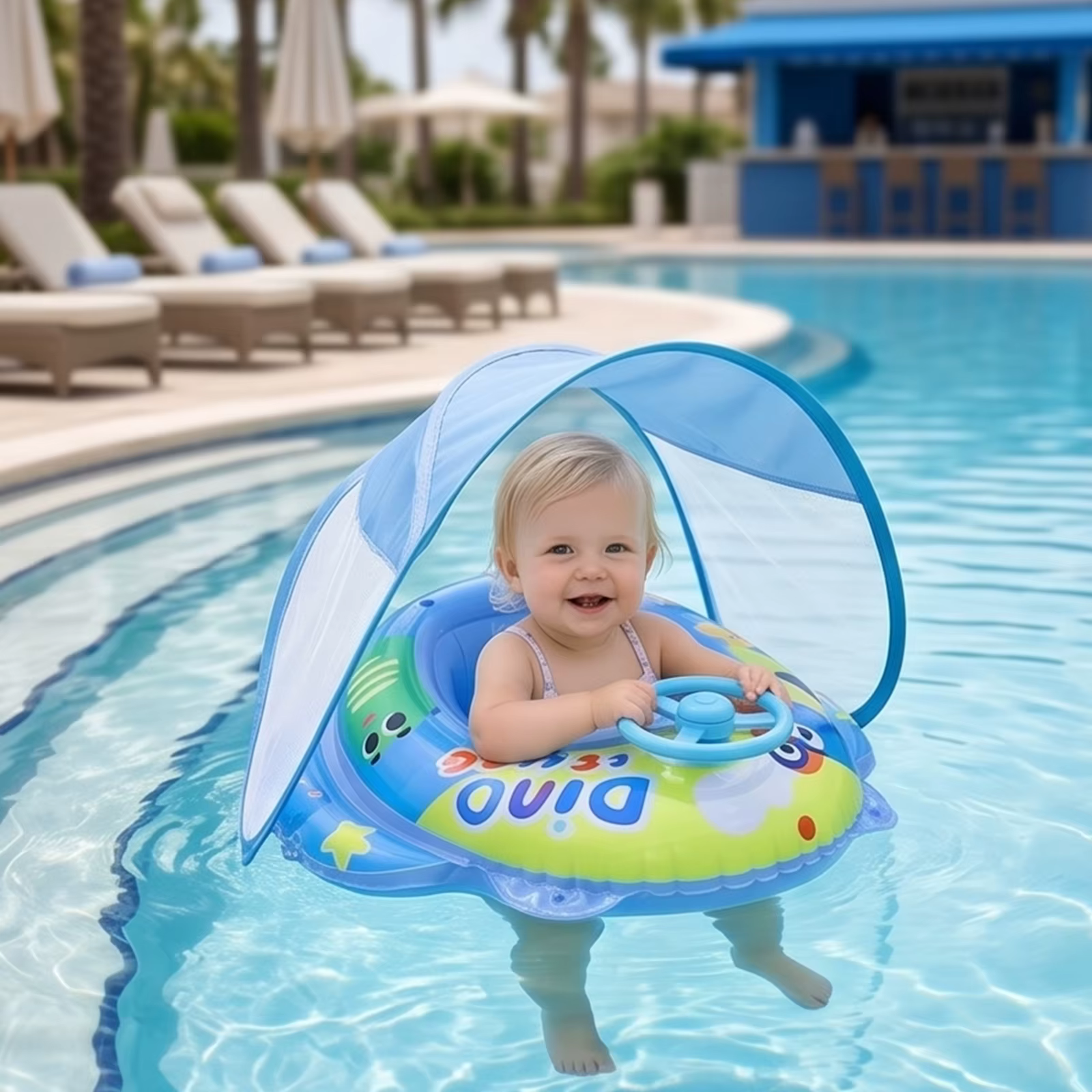 Piscine gonflable pour bébé en PVC amélioré avec auvent et siège anti-basculement avec volant