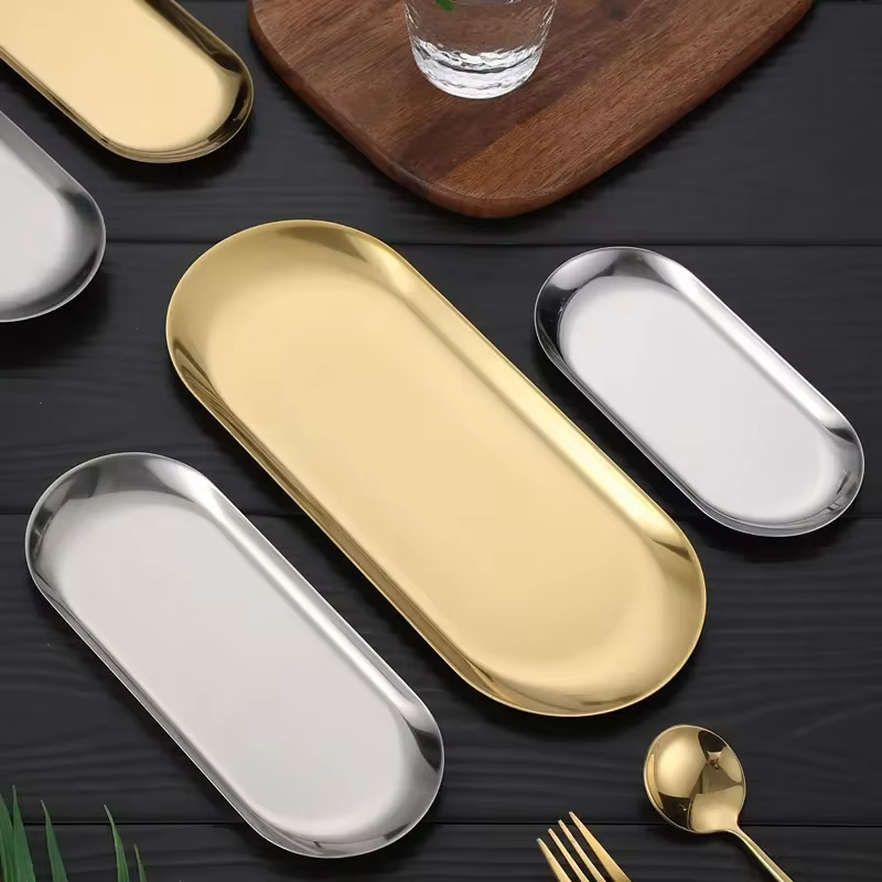 Assiette à manger en acier inoxydable doré, assiette à Dessert, plateau à gâteaux aux fruits et aux noix, assiette de cuisine pour collation, assiette de cuisine pour Steak occidental