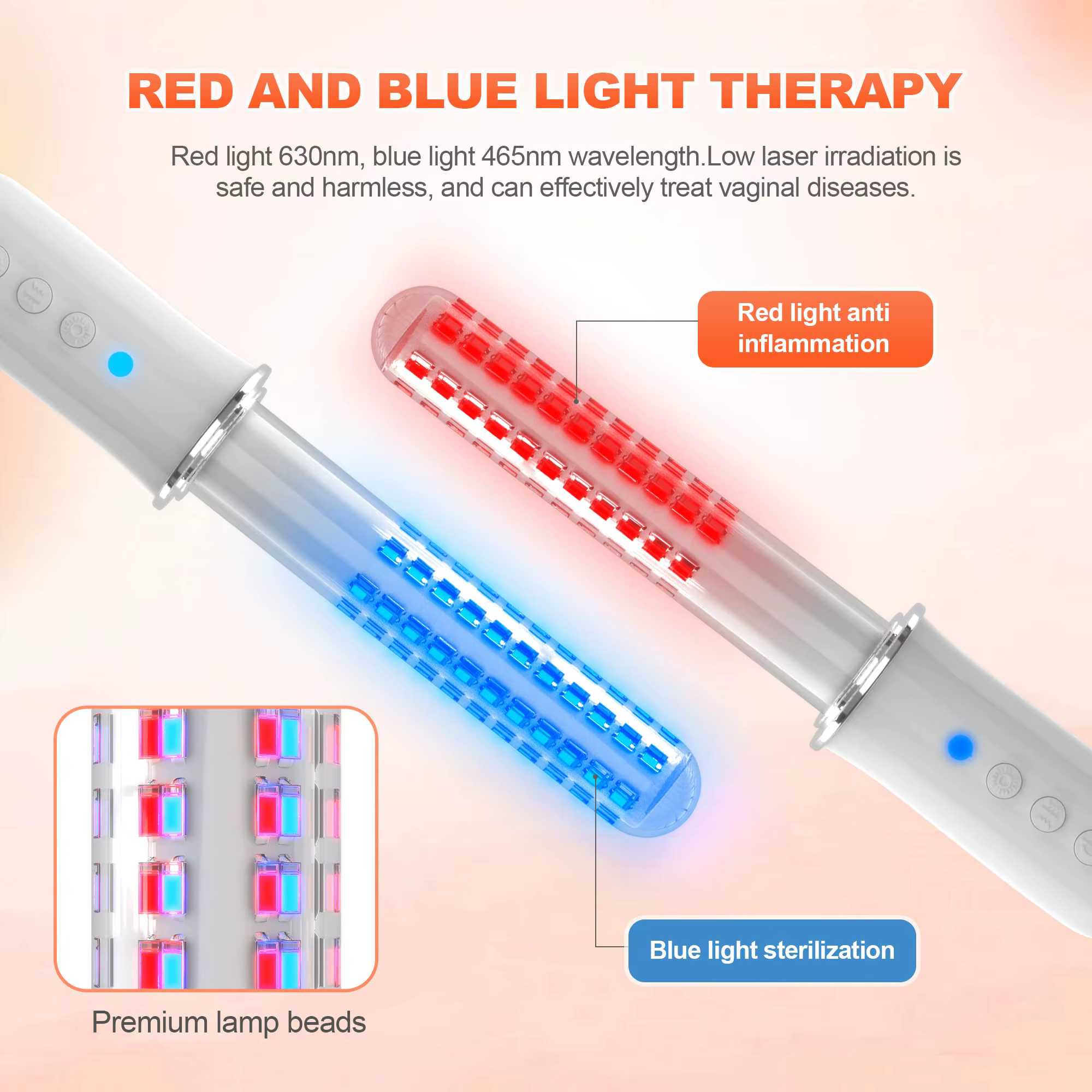 Appareil de relaxation pour le resserrement vaginal féminin avec thérapie par lumière rouge et bleue, baguette de massage à 3 niveaux, 136 LED 465-630 nm pour le traitement de la vaginite