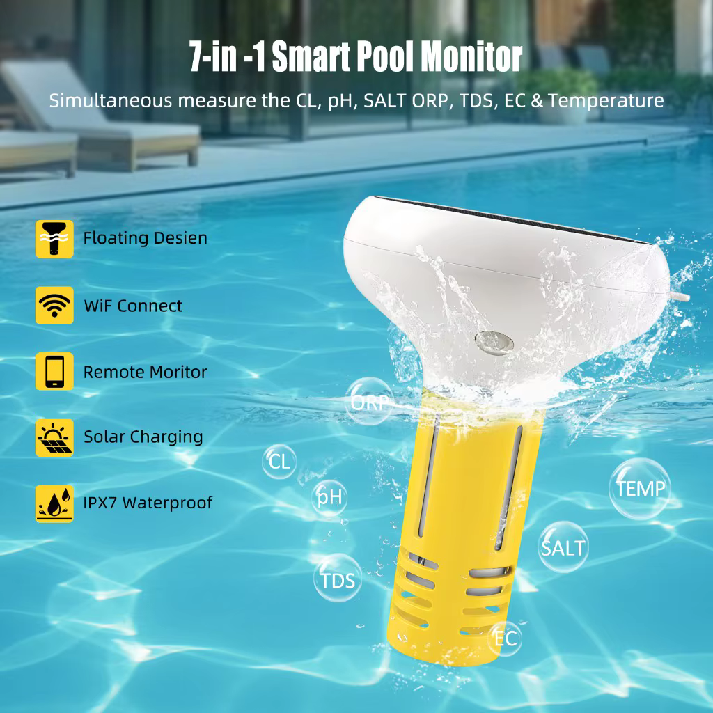 Testeur de qualité de l'eau de piscine solaire flottant Zigbee 7-en-1 : PH