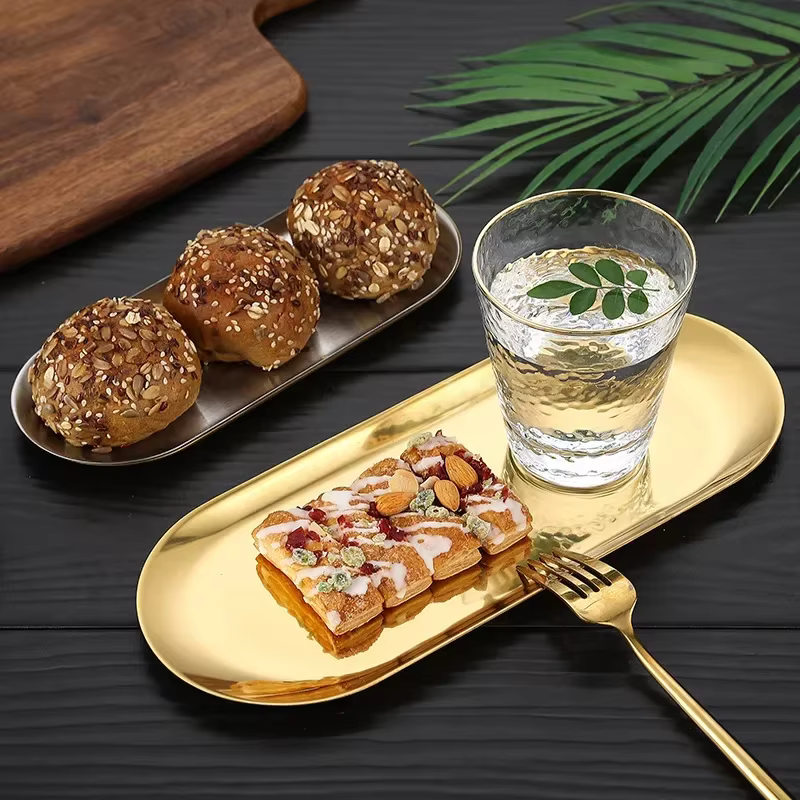 Assiette à manger en acier inoxydable doré, assiette à Dessert, plateau à gâteaux aux fruits et aux noix, assiette de cuisine pour collation, assiette de cuisine pour Steak occidental