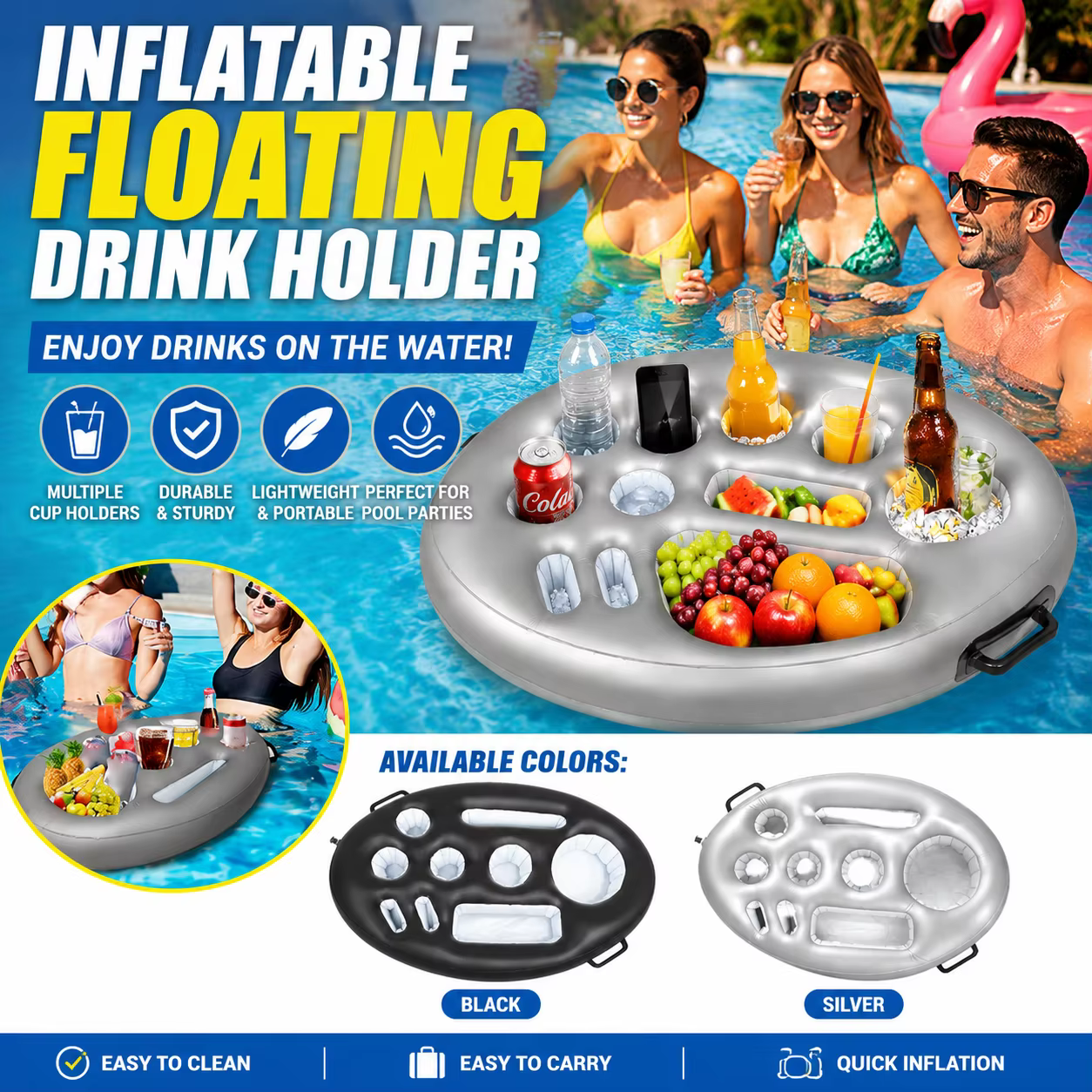 Plateau flottant gonflable pour piscine avec compartiments pour boissons