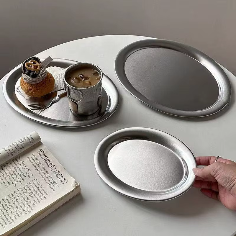 ㈅ Assiettes ovales en acier inoxydable pour poisson, usage domestique, service de repas, assiette peu profonde pour cuisson vapeur, dessert, pâtisserie, décoration, vaisselle de cuisine