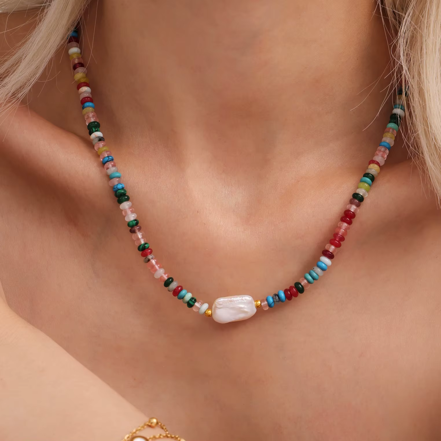 Collier pour femme en acier inoxydable avec pierres naturelles colorées, perle rectangulaire, sans décoloration, bijou à breloque