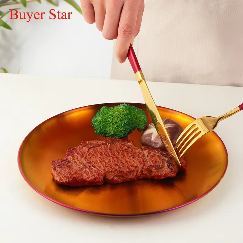 Assiettes à dîner en acier inoxydable, assiette à Dessert de Style européen, plats de service de cuisine, assiette à salade, plateau à gâteaux, plateau rond pour Steak occidental