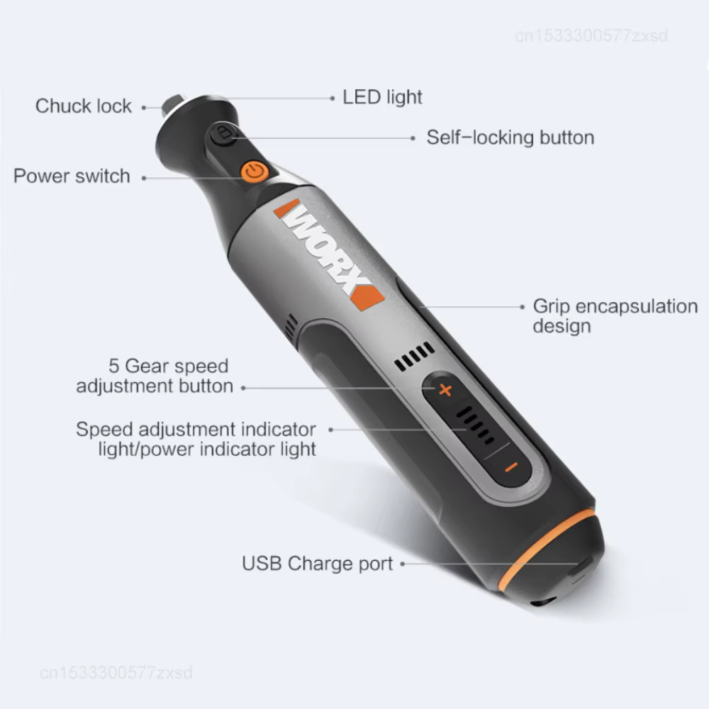 Worx 8V outil rotatif WX106 Mini perceuse sans fil gravure meulage Machine de polissage chargeur USB ensemble d'outils électriques à vitesse Variable
