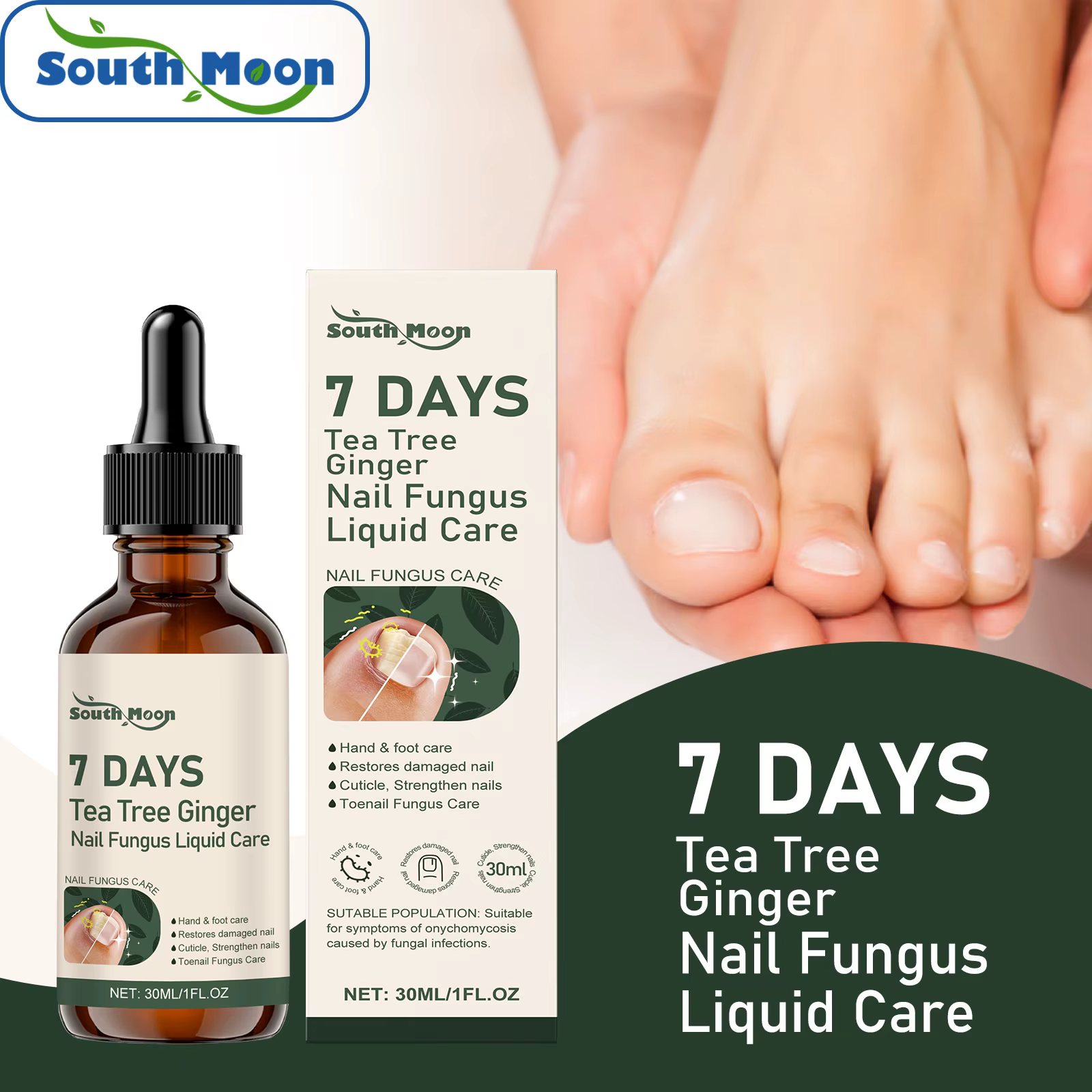 Solution de soin des ongles au gingembre et à l'arbre à thé 30/60 ml – Réparation et entretien de la santé des ongles, correction des décolorations et épaississement des ongles des mains et des pieds