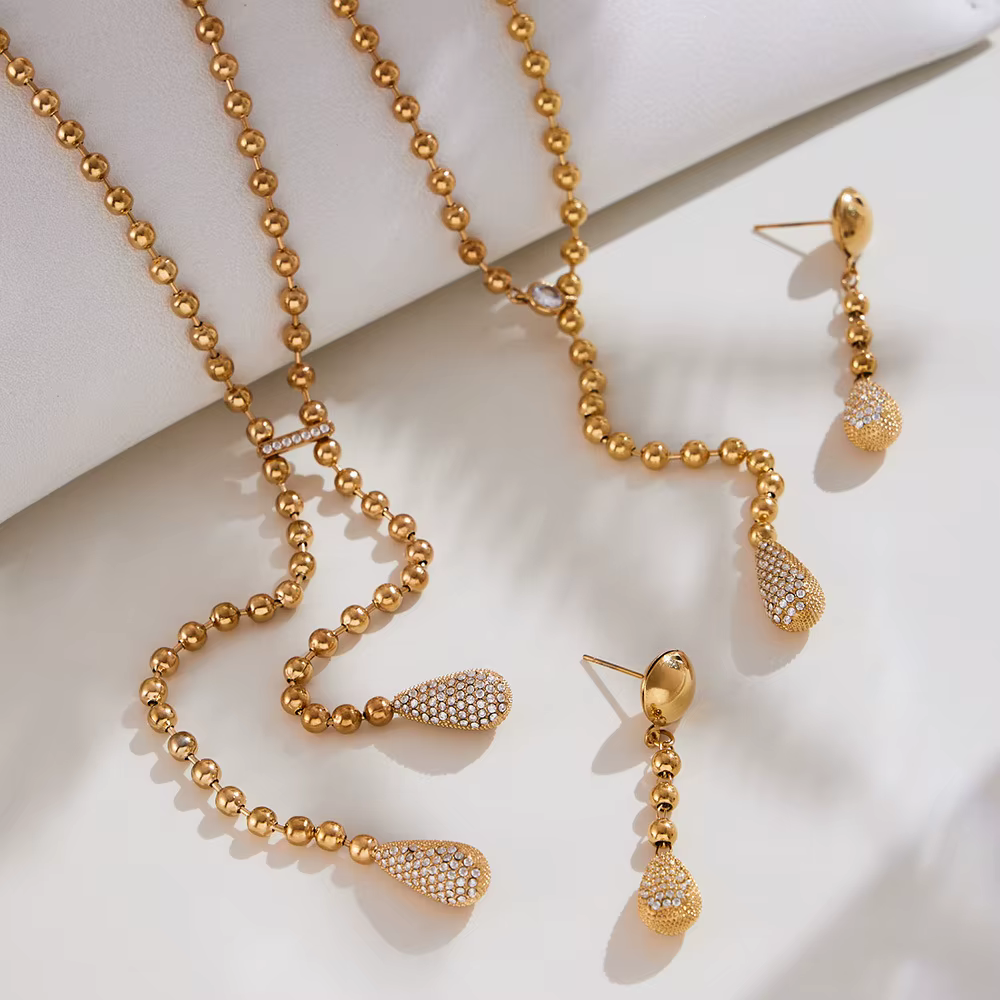 Collier en Y en acier inoxydable pour femmes, plaqué or 18 carats, chaîne de perles incrustée de gouttelettes de Zircon, pendentif, boucles d'oreilles assorties
