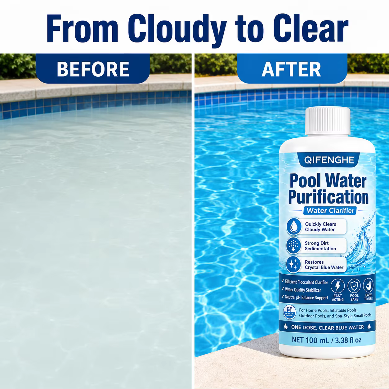 Clarifiant pour piscine pour eau boueuse, piscine domestique, piscine de jardin et piscine pour enfants