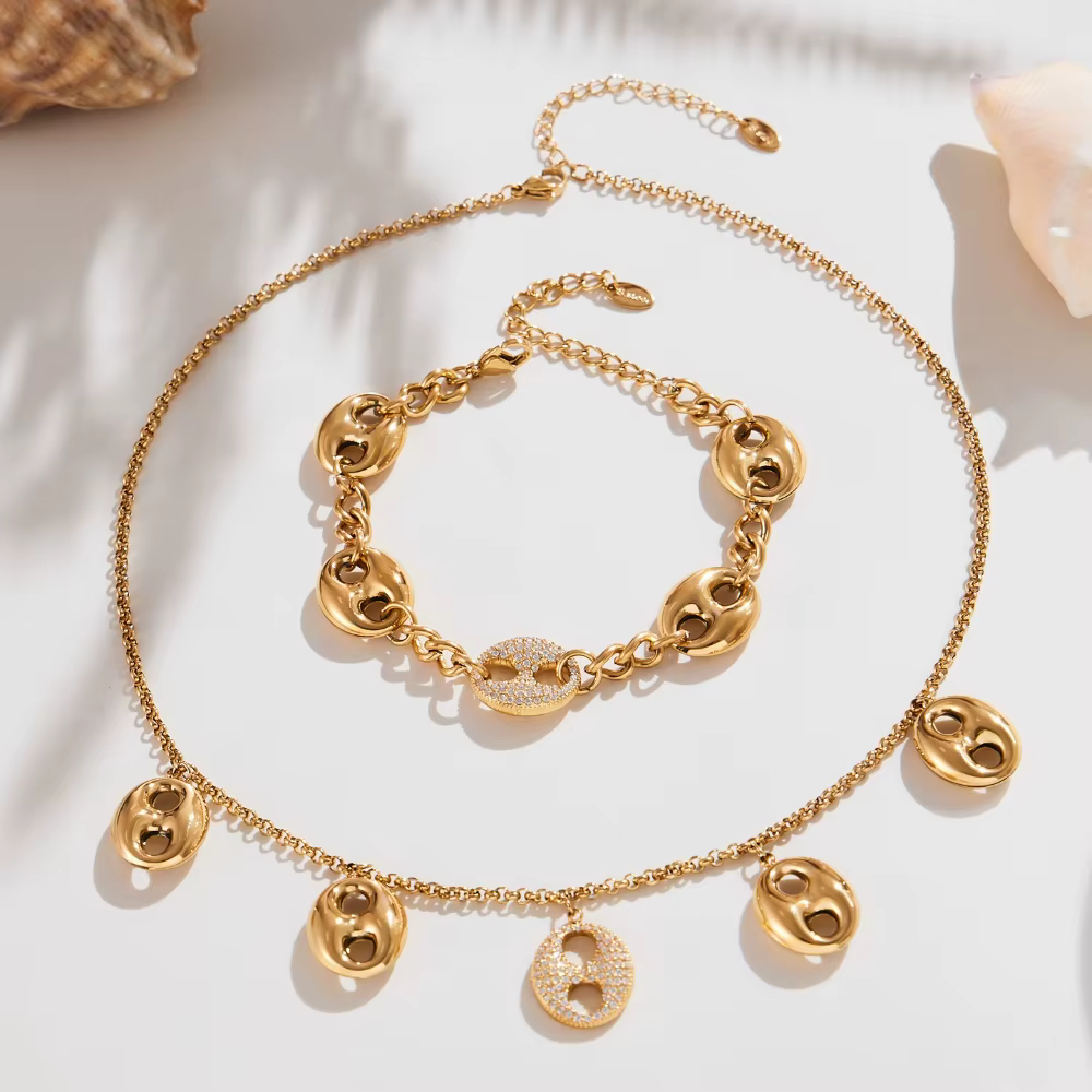 Collier à breloques en acier inoxydable pour femmes, chaîne plaquée or 18 carats, Bracelets assortis, ensemble de bijoux de déclaration