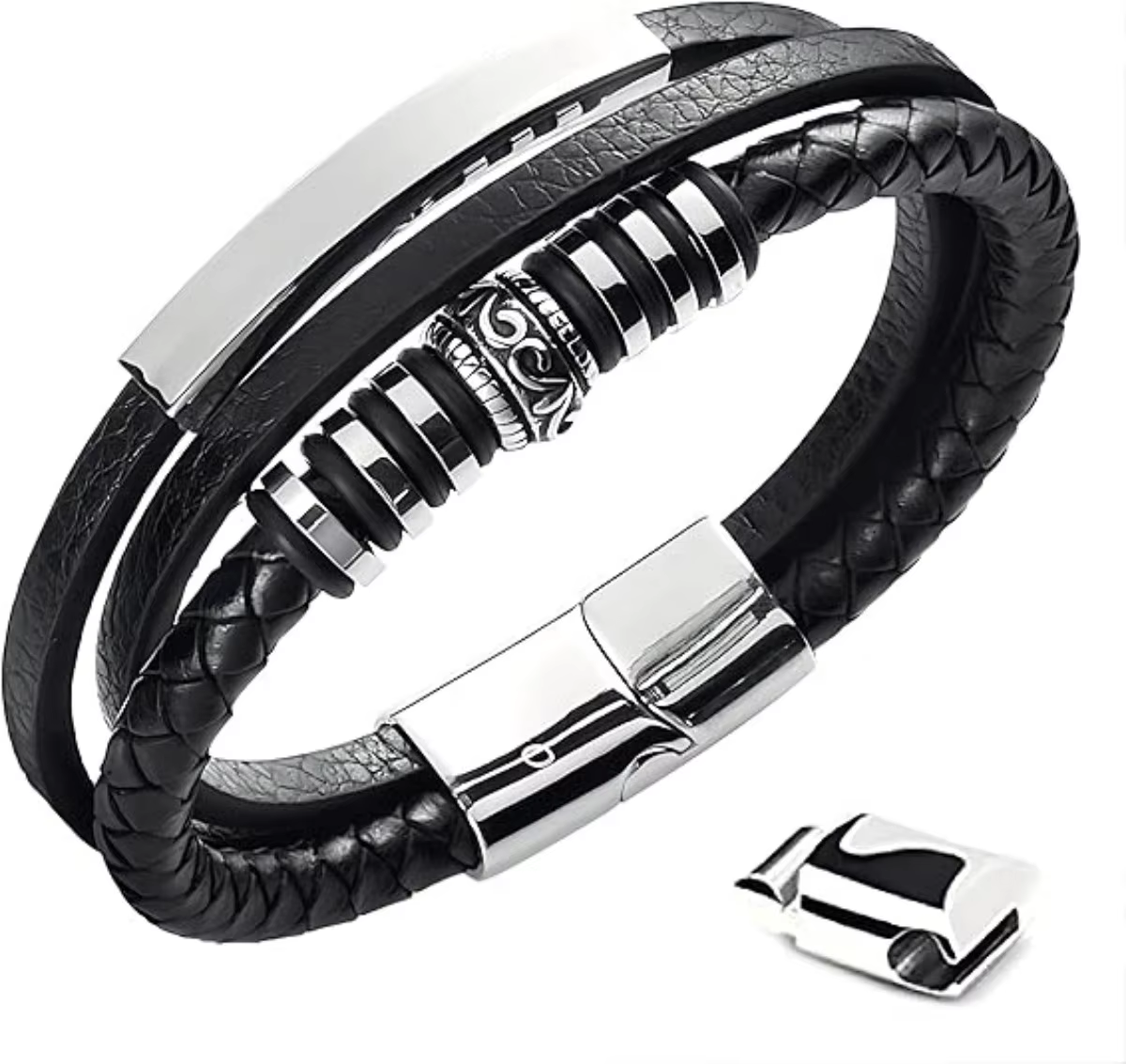 Bracelets en cuir tendance pour hommes, en acier inoxydable, corde tressée multicouche de 21CM, bijoux cadeaux