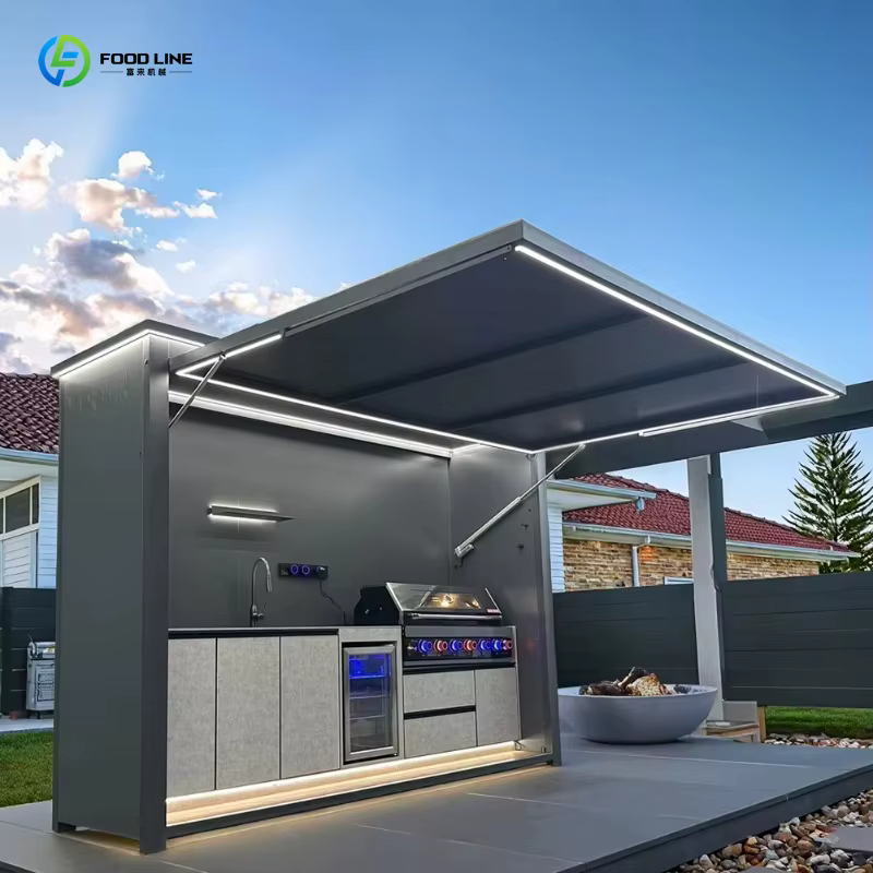 Barbecue extérieur personnalisable et résistant au vent, style terrasse, avec glacière et évier, pour la cuisine en plein air dans le jardin ou sur la terrasse.