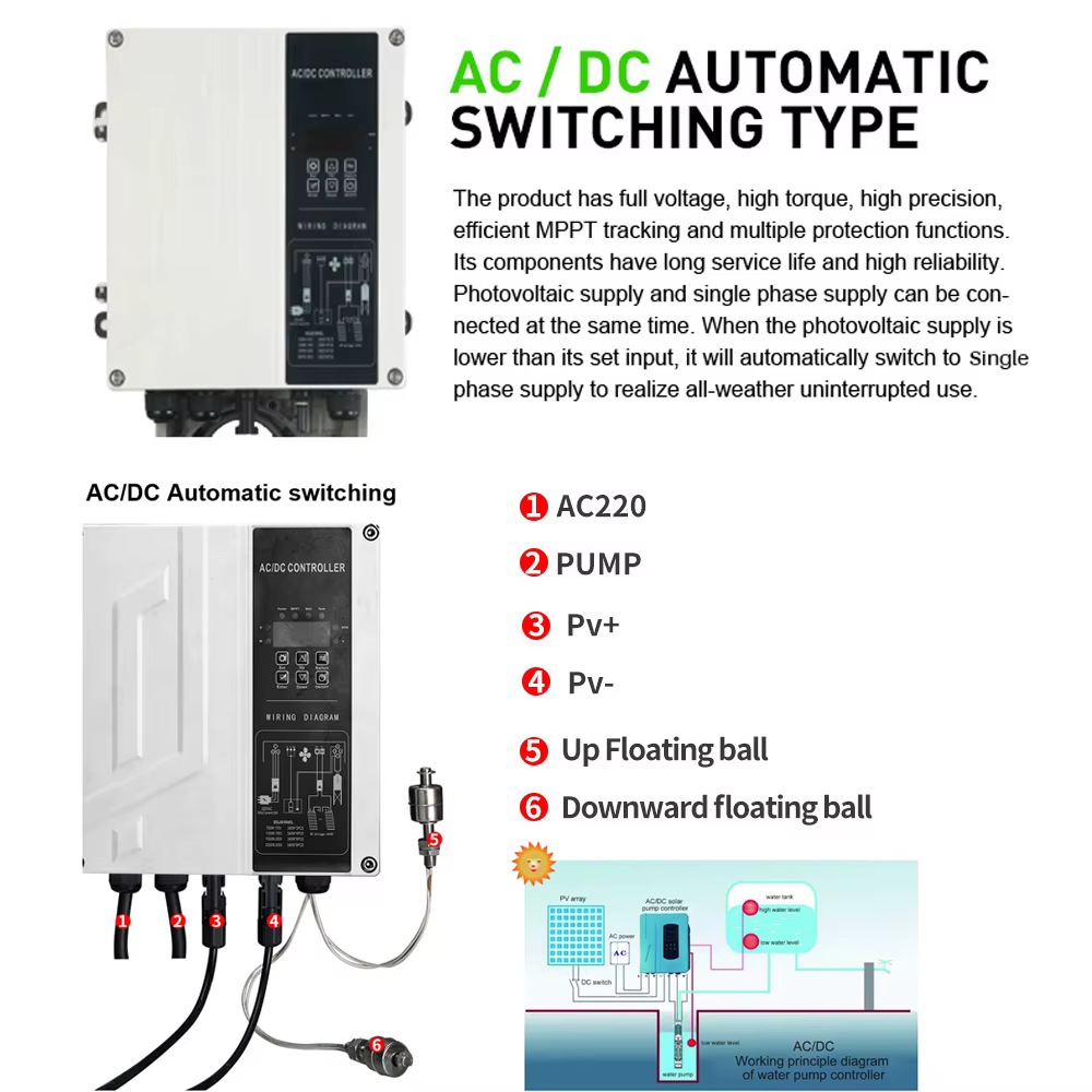 Pompe à eau haute pression à énergie solaire hybride 4 '3HP DC AC