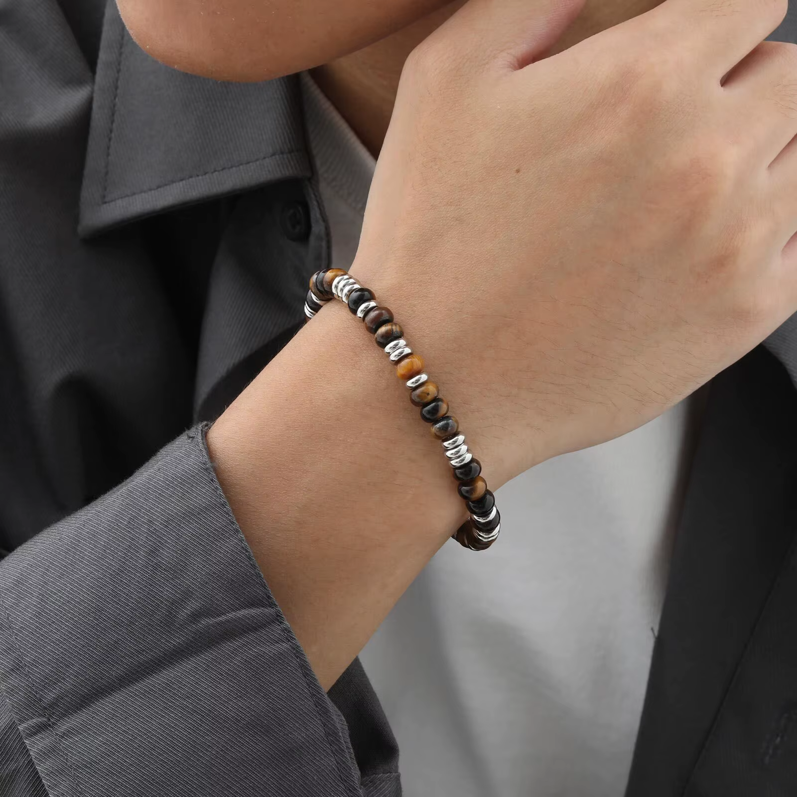 Bracelets de perles en métal pour hommes et garçons, Bracelets de perles en acier inoxydable avec perles naturelles, cadeaux de bijoux décontractés