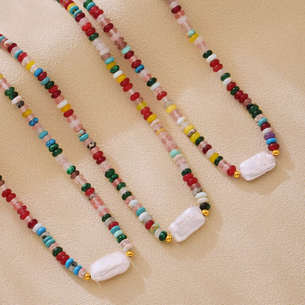 Collier pour femme en acier inoxydable avec pierres naturelles colorées, perle rectangulaire, sans décoloration, bijou à breloque