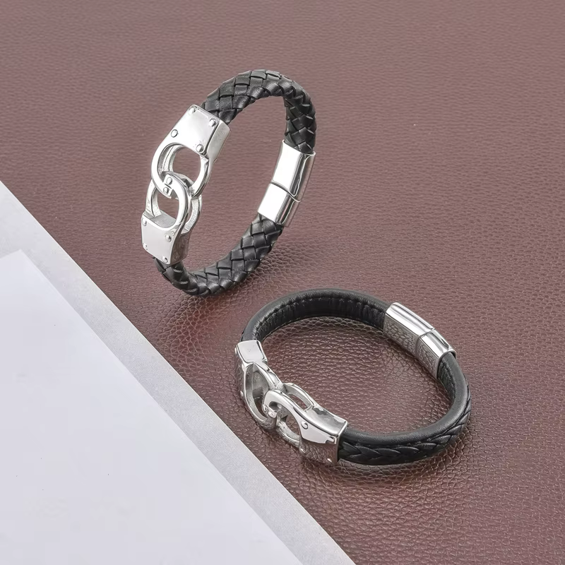 Bracelet menottes pour hommes, en acier inoxydable de haute qualité, en cuir véritable, pour Couple, Unique, Bijoux, cadeau pour lui